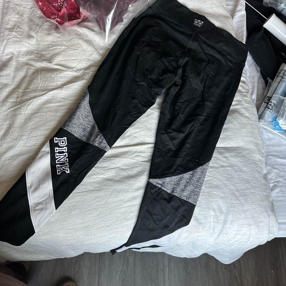 PINK Victoria's Secret Black Leggings with Gray and White Details